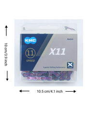 KMC X11 Chain 11-Speed Aurora Mountain Bike/Road/Gravel 11 Speed Chain: Compatible with Shimano Sram Campagnolo. Missing Link Included,118Links-Gold and Aurora.