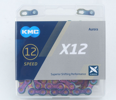 KMC X12 Chain 12-Speed Aurora Mountain Bike/Road/Gravel 12 Speed Chain: Compatible with Shimano Sram Campagnolo. Missing Link Included,126Links-Gold and Aurora.